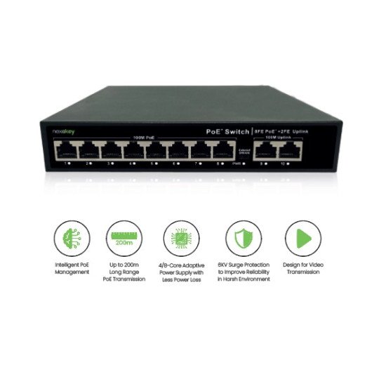 Nexakey NS600S-8P2U 8 Port 100M Unmanaged PoE Switch